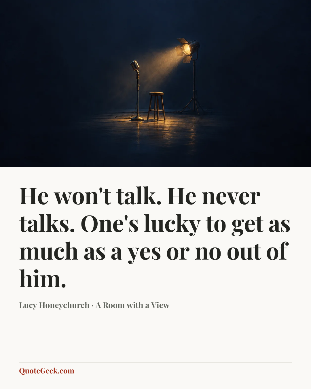 “He won't talk. He never talks. One's lucky to get as much as a yes or no out of him.” — Lucy Honeychurch · A Room with a View. Illustrated QuoteGeek card.