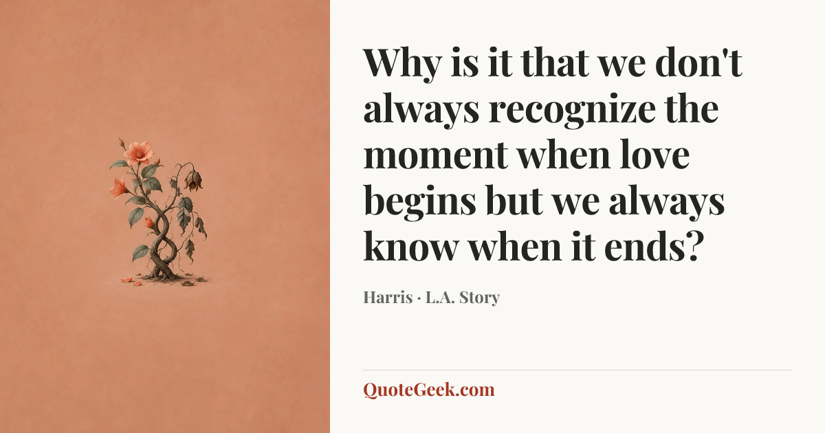 “Why is it that we don't always recognize the moment when love begins but we always know when it ends?” — Harris · L.A. Story. Illustrated QuoteGeek card.