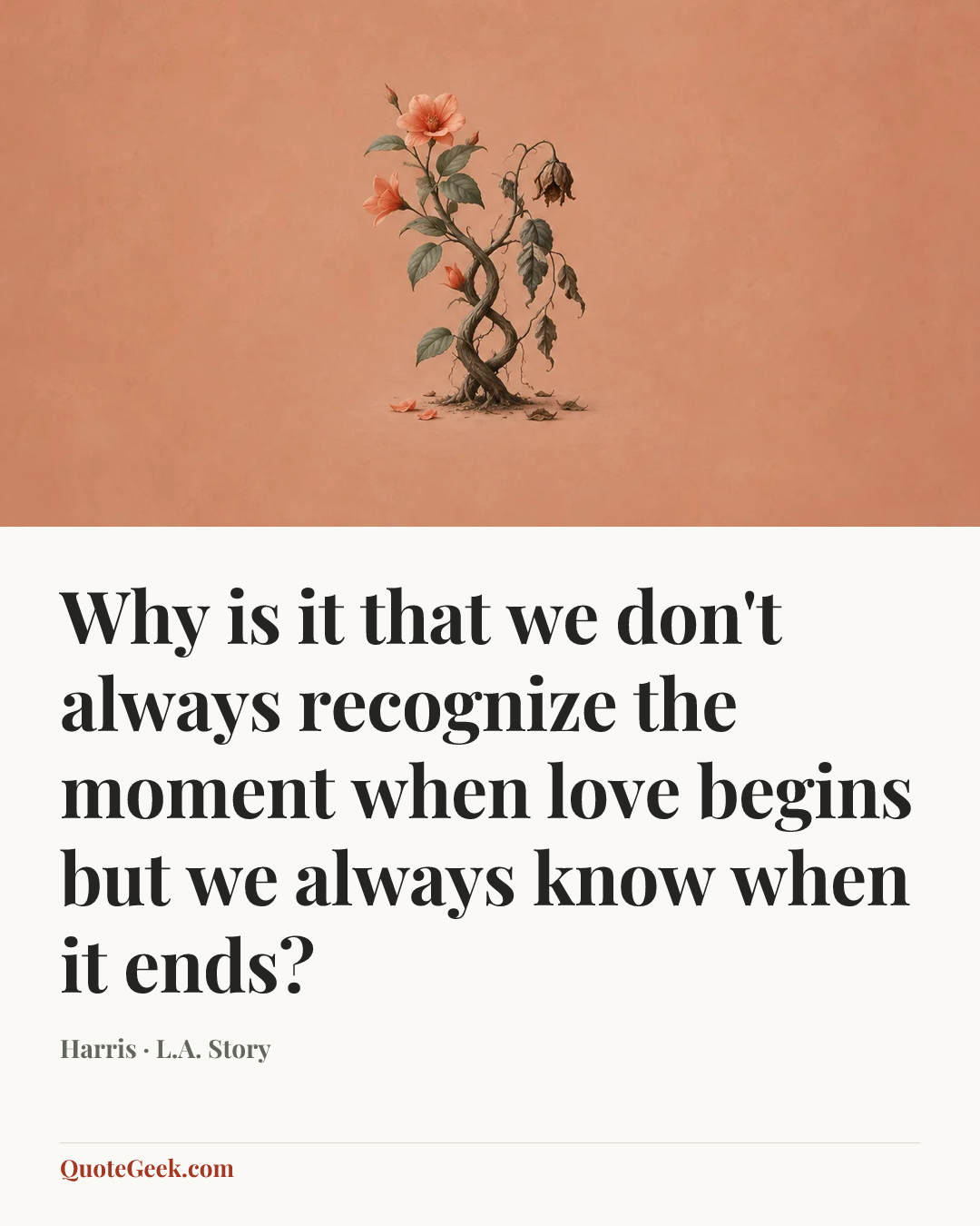 “Why is it that we don't always recognize the moment when love begins but we always know when it ends?” — Harris · L.A. Story. Illustrated QuoteGeek card.