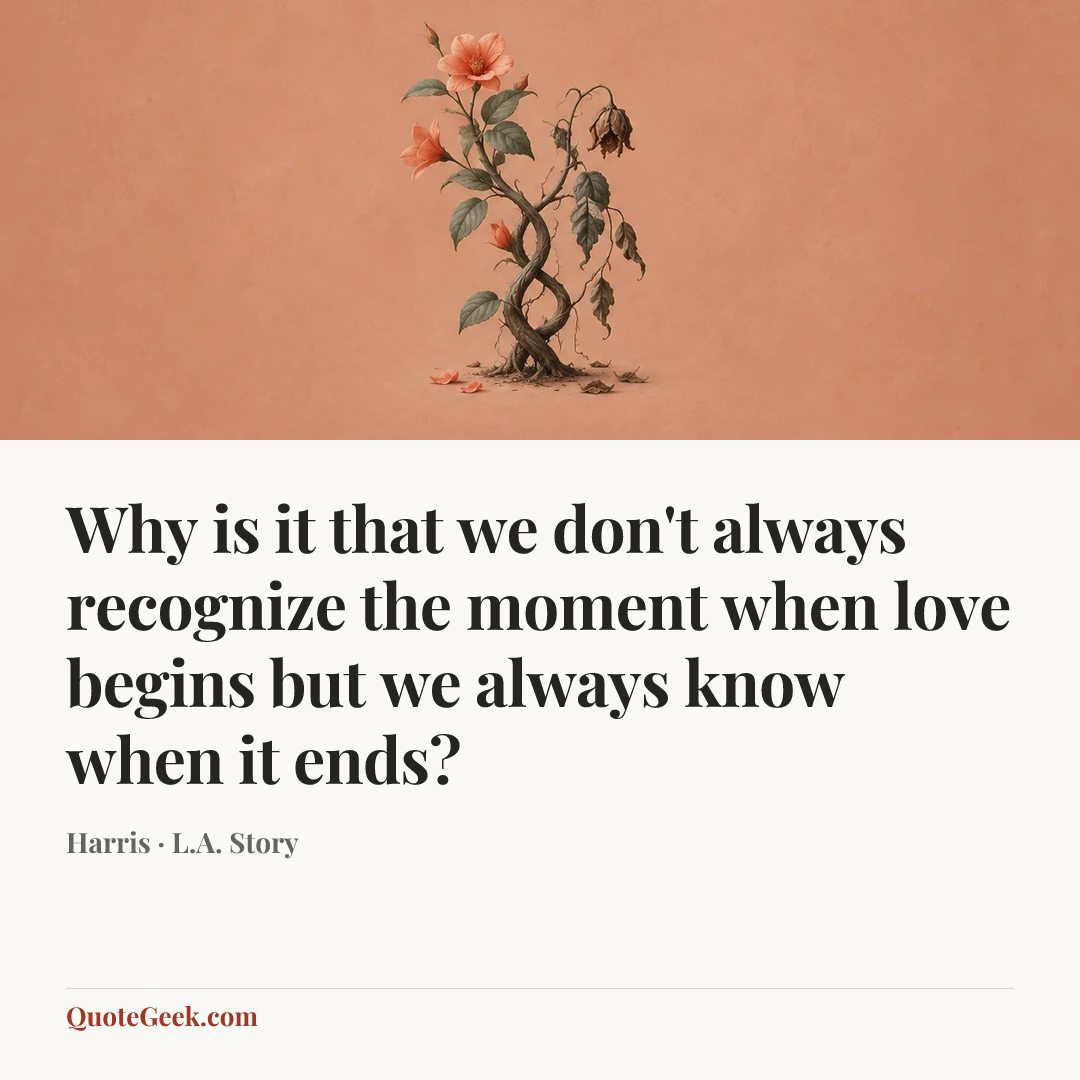 “Why is it that we don't always recognize the moment when love begins but we always know when it ends?” — Harris · L.A. Story. Illustrated QuoteGeek card.