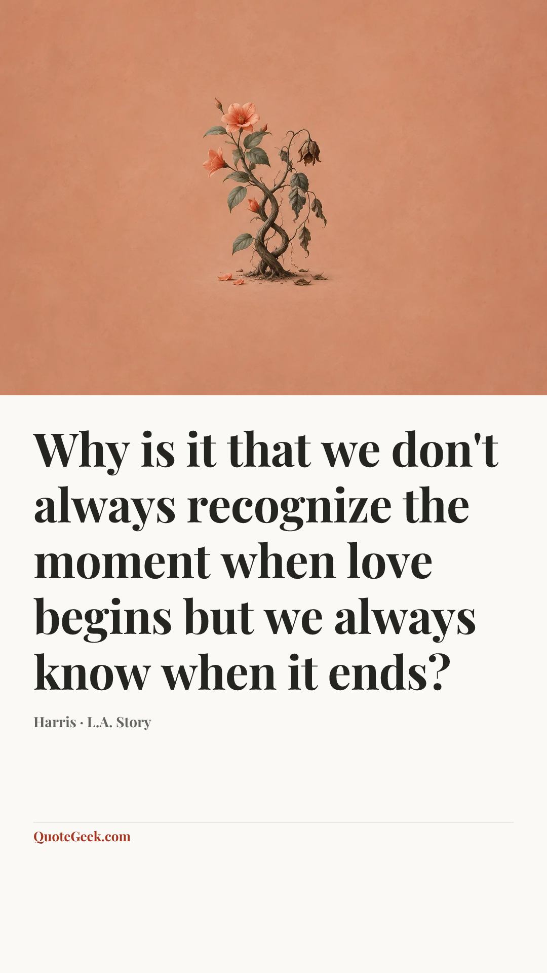 “Why is it that we don't always recognize the moment when love begins but we always know when it ends?” — Harris · L.A. Story. Illustrated QuoteGeek card.