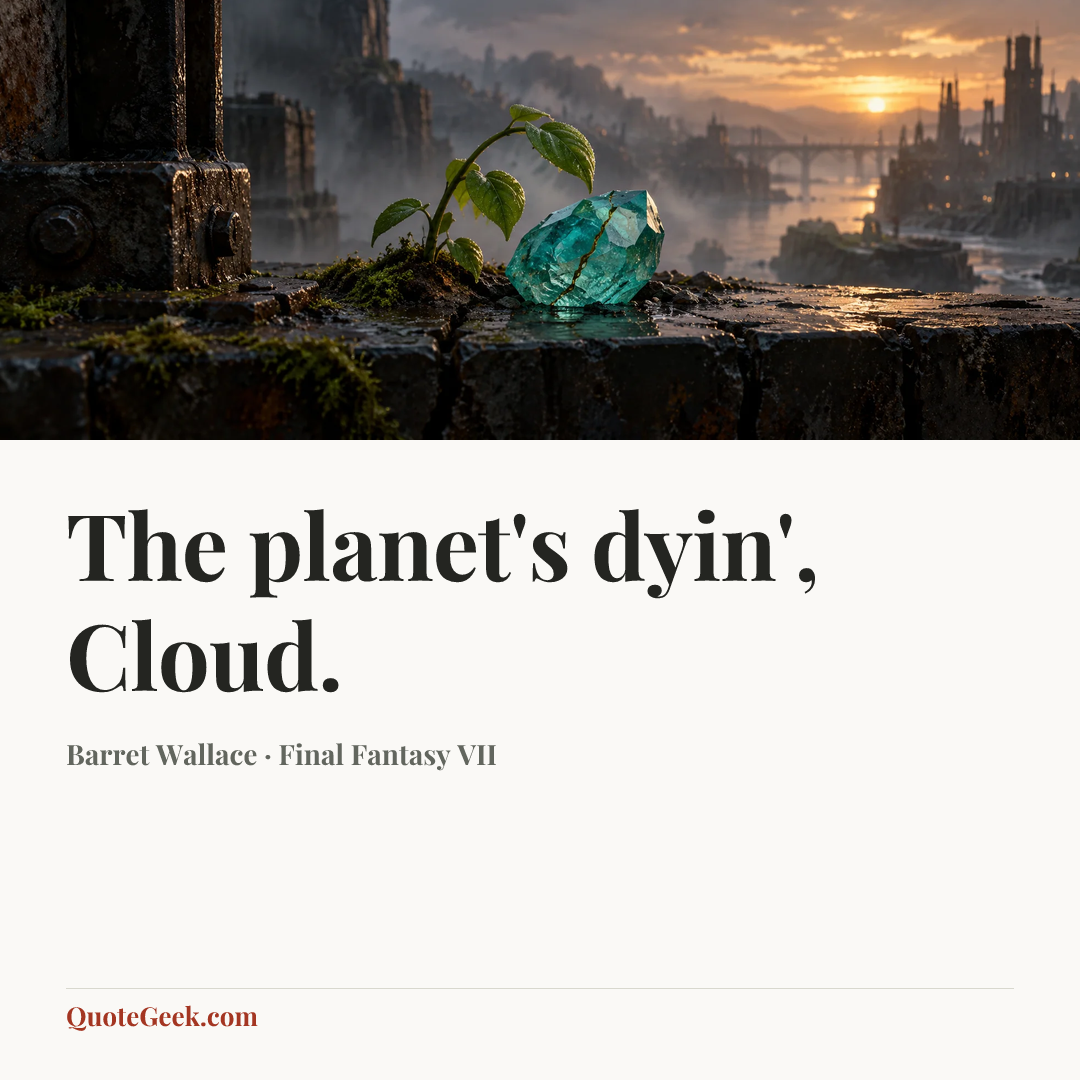 “The planet's dyin', Cloud.” — Barret Wallace · Final Fantasy VII. Illustrated QuoteGeek card.