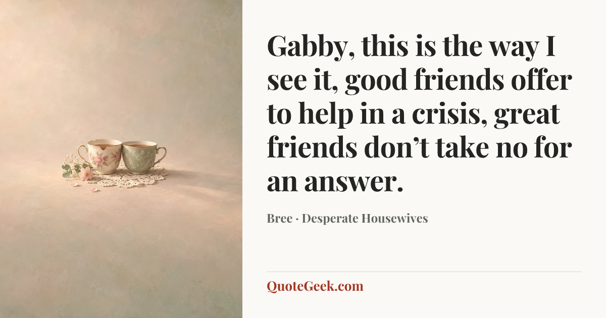 “Gabby, this is the way I see it, good friends offer to help in a crisis, great friends don’t take no for an answer.” — Bree · Desperate Housewives. Illustrated QuoteGeek card.