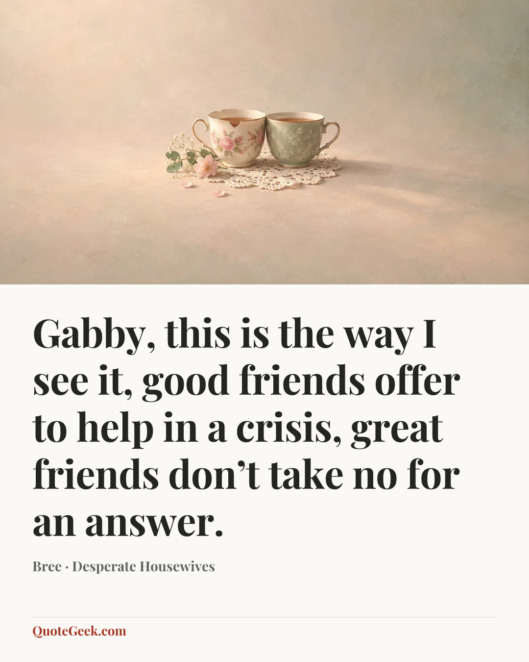 “Gabby, this is the way I see it, good friends offer to help in a crisis, great friends don’t take no for an answer.” — Bree · Desperate Housewives. Illustrated QuoteGeek card.