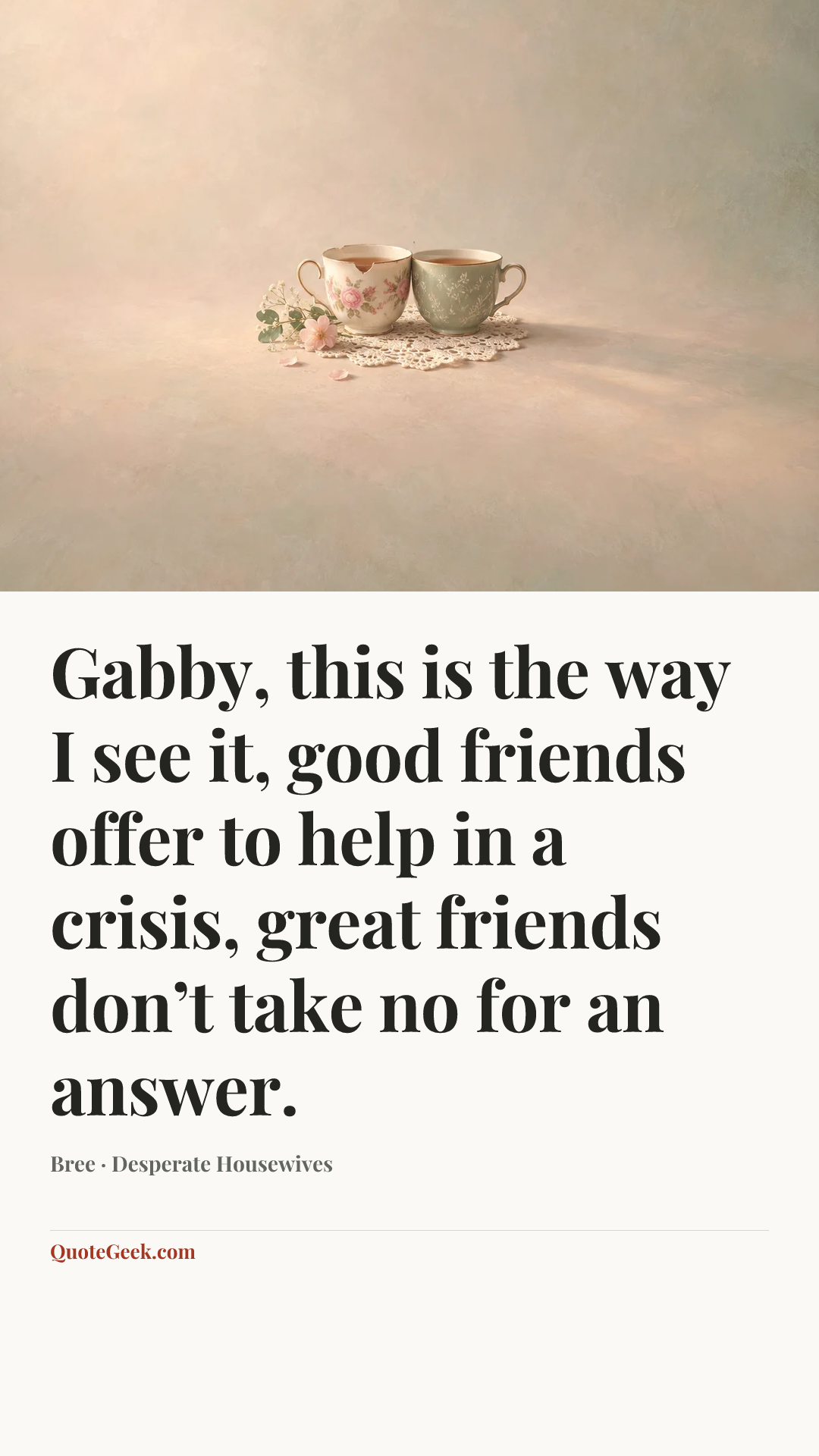 “Gabby, this is the way I see it, good friends offer to help in a crisis, great friends don’t take no for an answer.” — Bree · Desperate Housewives. Illustrated QuoteGeek card.