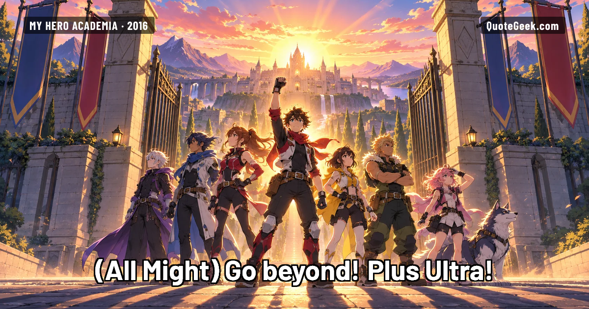 “Go beyond! Plus Ultra!” — All Might · My Hero Academia. Illustrated QuoteGeek card.