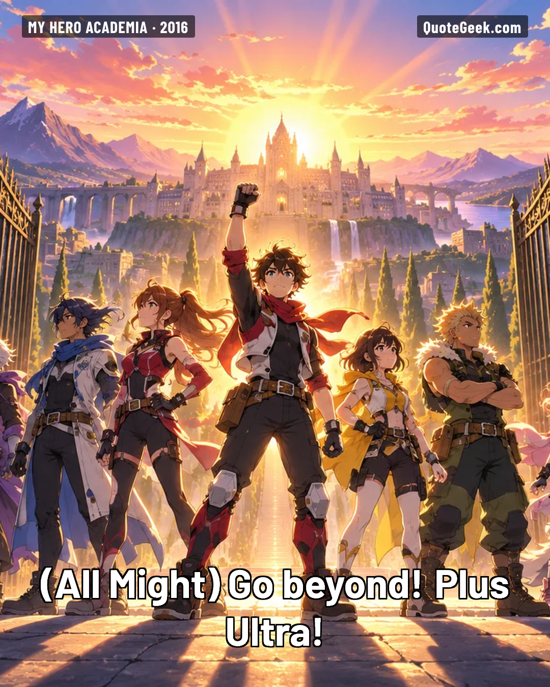 “Go beyond! Plus Ultra!” — All Might · My Hero Academia. Illustrated QuoteGeek card.