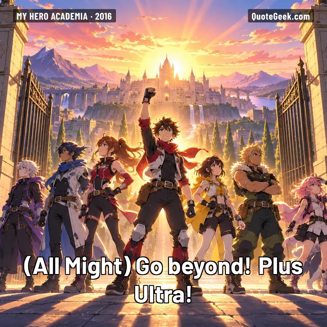 “Go beyond! Plus Ultra!” — All Might · My Hero Academia. Illustrated QuoteGeek card.