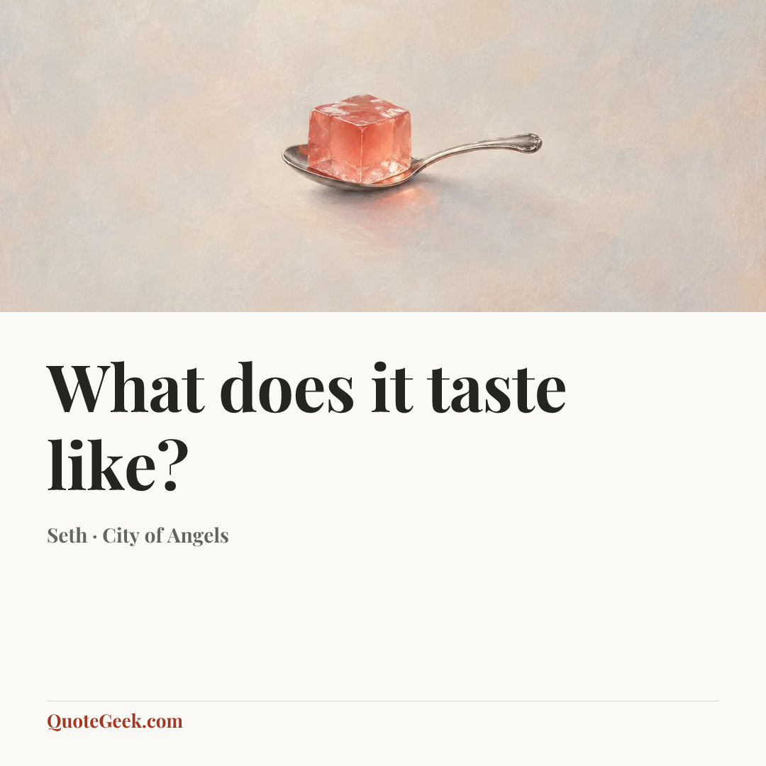 “What does it taste like?” — Seth · City of Angels. Illustrated QuoteGeek card.