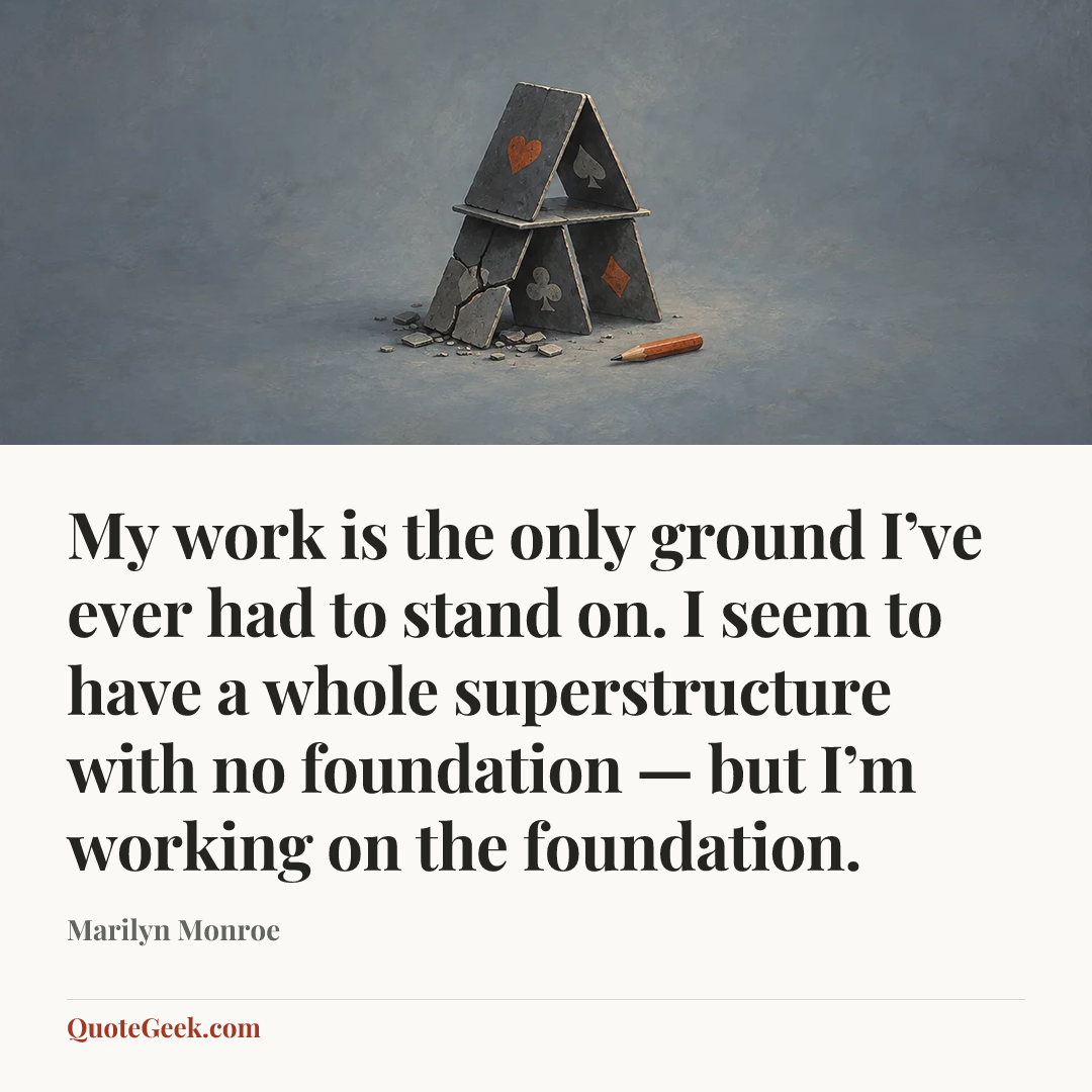 “My work is the only ground I’ve ever had to stand on. I seem to have a whole superstructure with no foundation — but I’m working on the foundation.” — Marilyn Monroe. Illustrated QuoteGeek card.