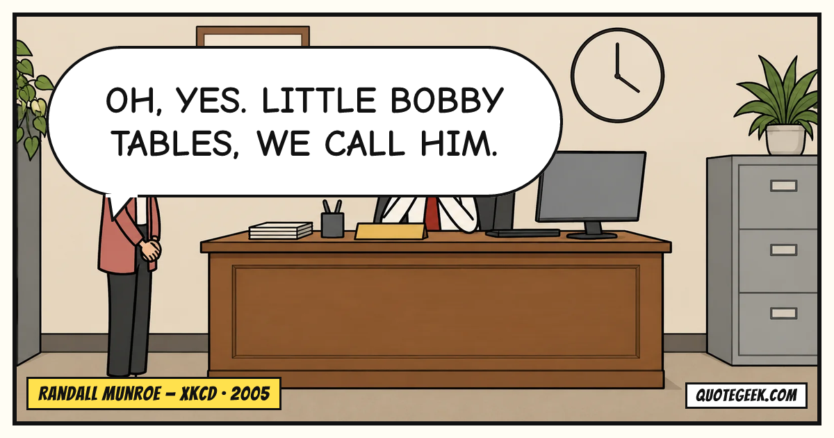 “Oh, yes. Little Bobby Tables, we call him.” — Randall Munroe · xkcd. Illustrated QuoteGeek card.