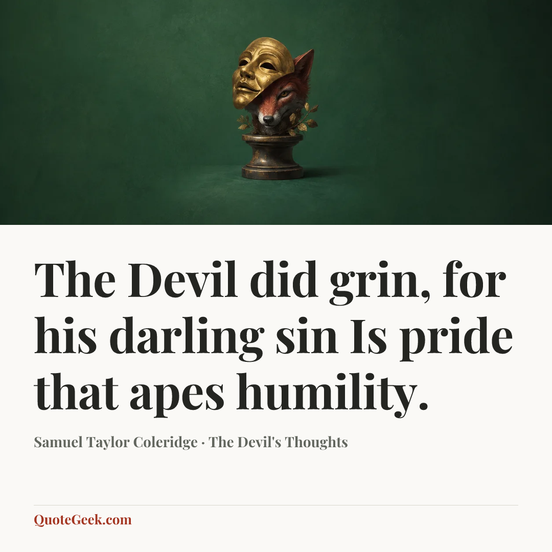 “The Devil did grin, for his darling sin
Is pride that apes humility.” — Samuel Taylor Coleridge · The Devil's Thoughts. Illustrated QuoteGeek card.