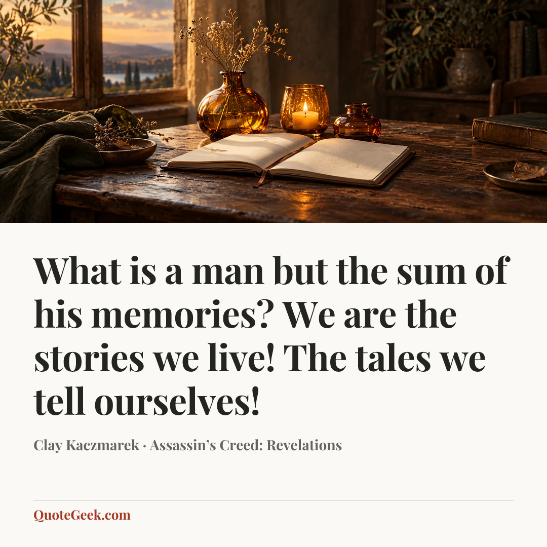 “What is a man but the sum of his memories? We are the stories we live! The tales we tell ourselves!” — Clay Kaczmarek · Assassin’s Creed: Revelations. Illustrated QuoteGeek card.
