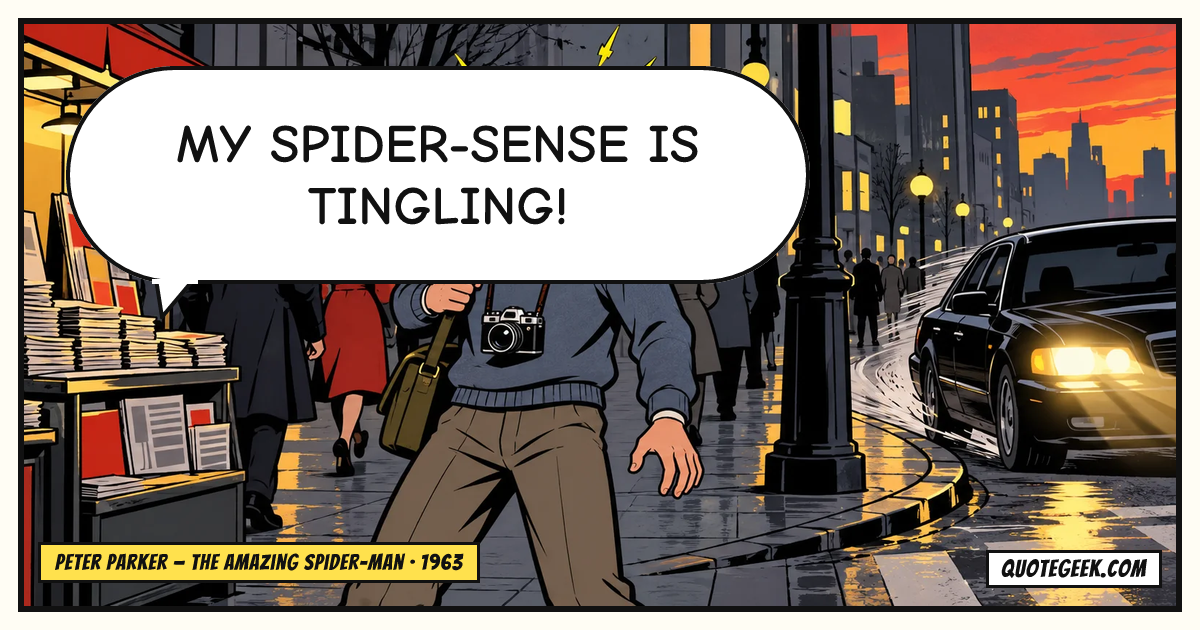“My spider-sense is tingling!” — Peter Parker · The Amazing Spider-Man. Illustrated QuoteGeek card.