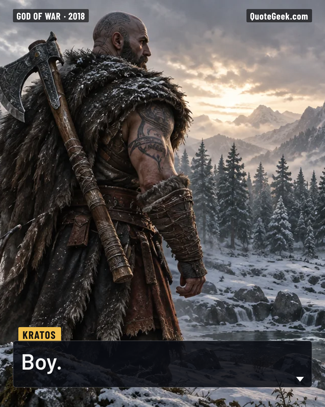 “Boy.” — Kratos · God of War. Illustrated QuoteGeek card.