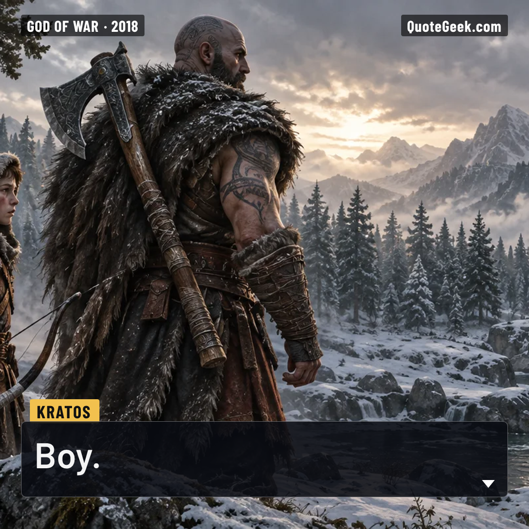 “Boy.” — Kratos · God of War. Illustrated QuoteGeek card.