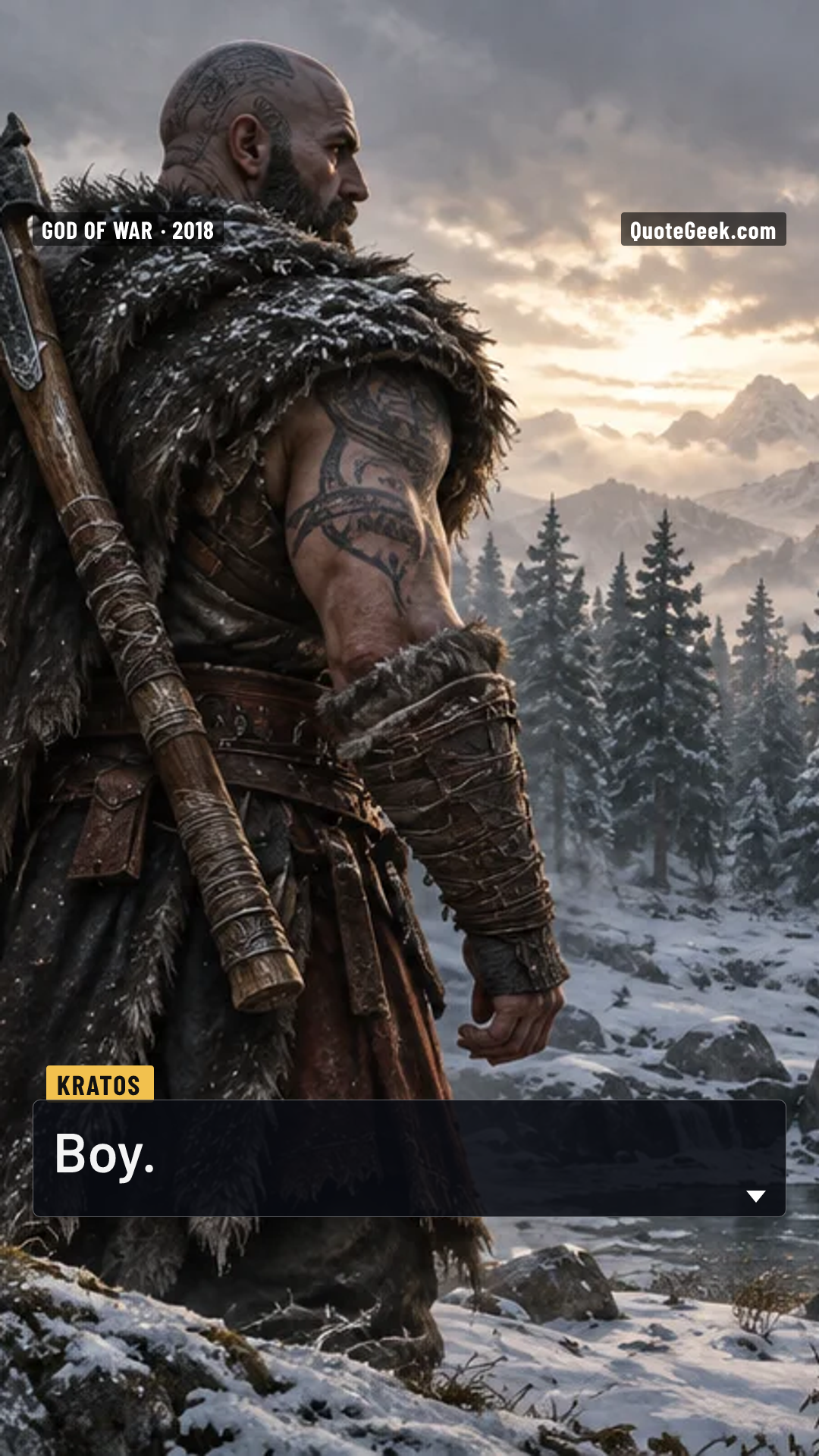 “Boy.” — Kratos · God of War. Illustrated QuoteGeek card.