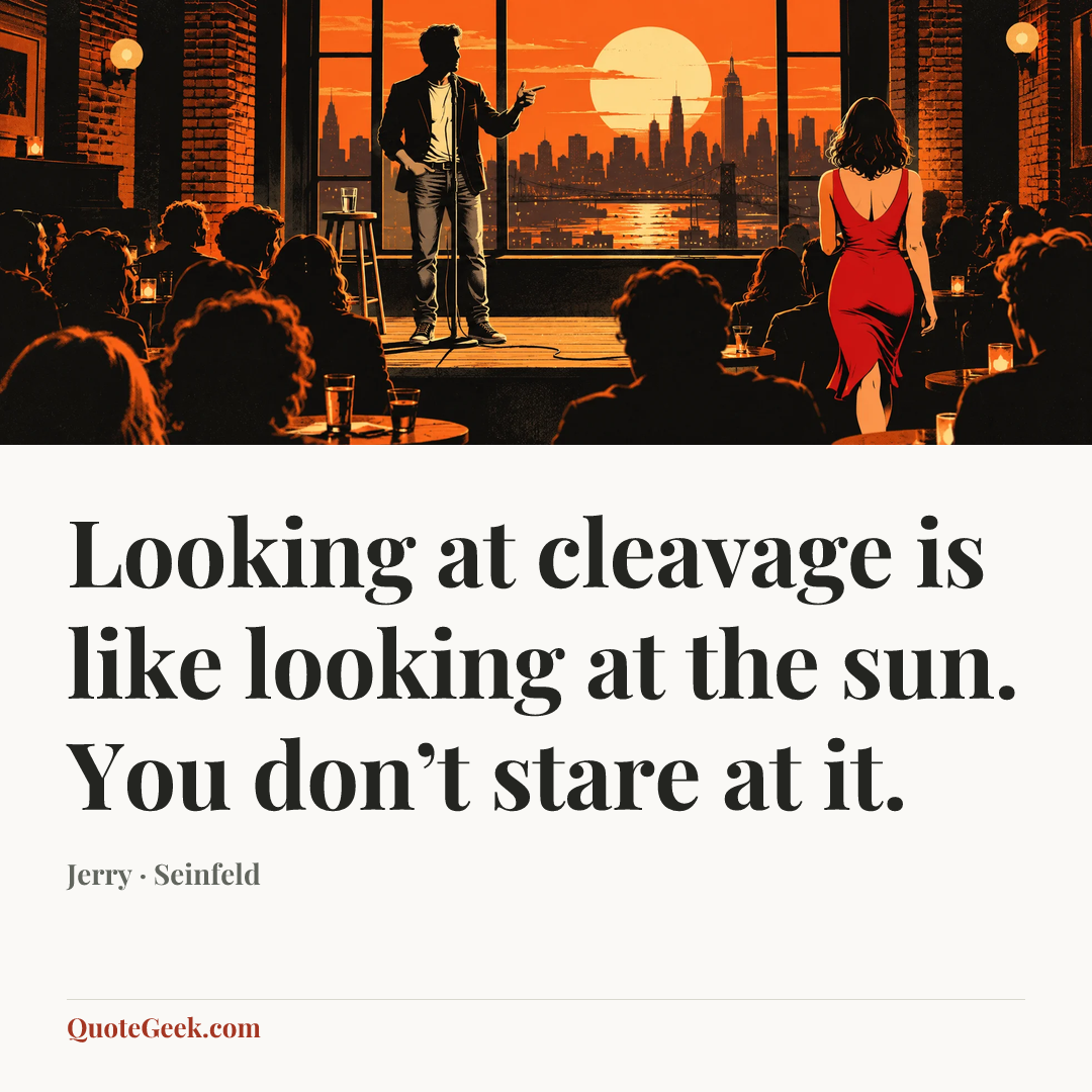 “Looking at cleavage is like looking at the sun. You don’t stare at it.” — Jerry · Seinfeld. Illustrated QuoteGeek card.
