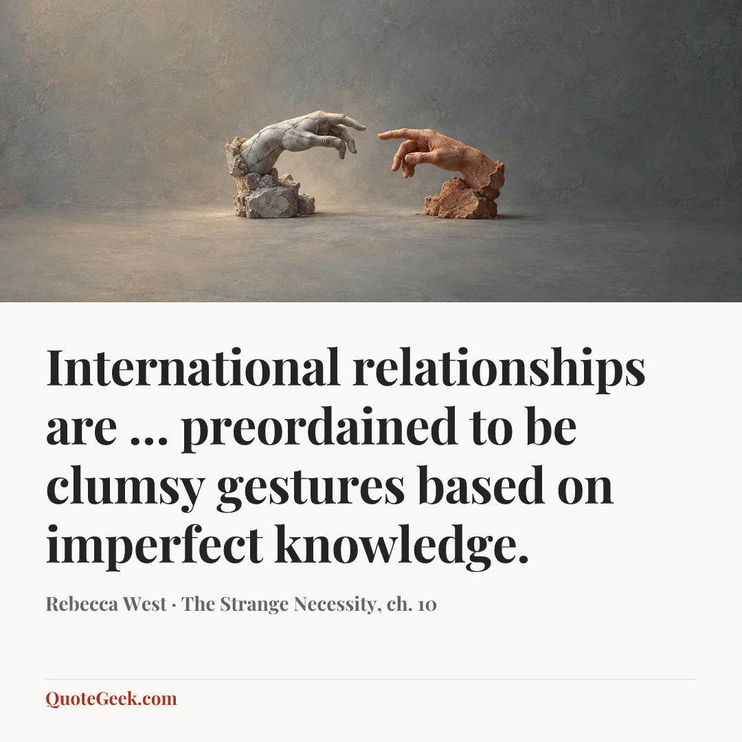 “International relationships are … preordained to be clumsy gestures based on imperfect knowledge.” — Rebecca West · The Strange Necessity, ch. 10. Illustrated QuoteGeek card.