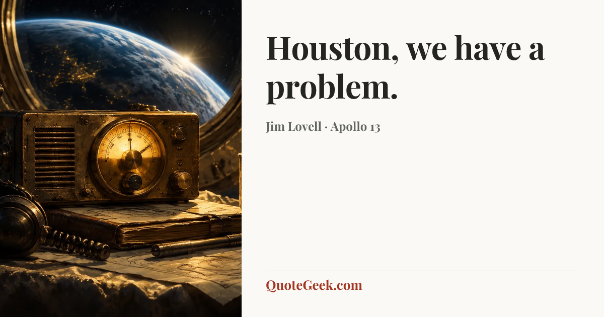 “Houston, we have a problem.” — Jim Lovell · Apollo 13. Illustrated QuoteGeek card.