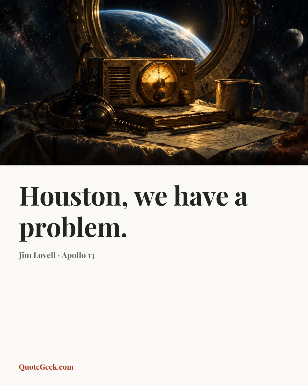 “Houston, we have a problem.” — Jim Lovell · Apollo 13. Illustrated QuoteGeek card.