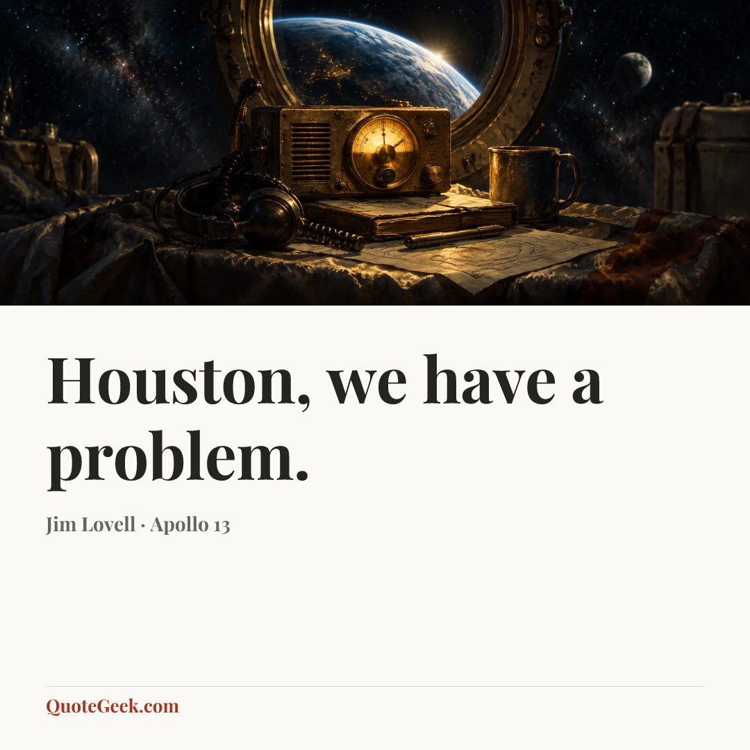 “Houston, we have a problem.” — Jim Lovell · Apollo 13. Illustrated QuoteGeek card.