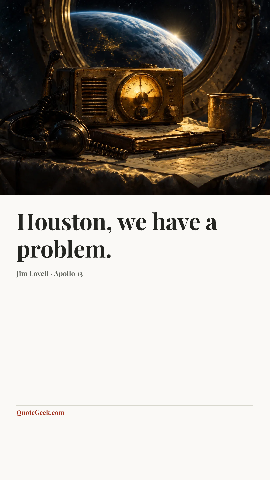“Houston, we have a problem.” — Jim Lovell · Apollo 13. Illustrated QuoteGeek card.