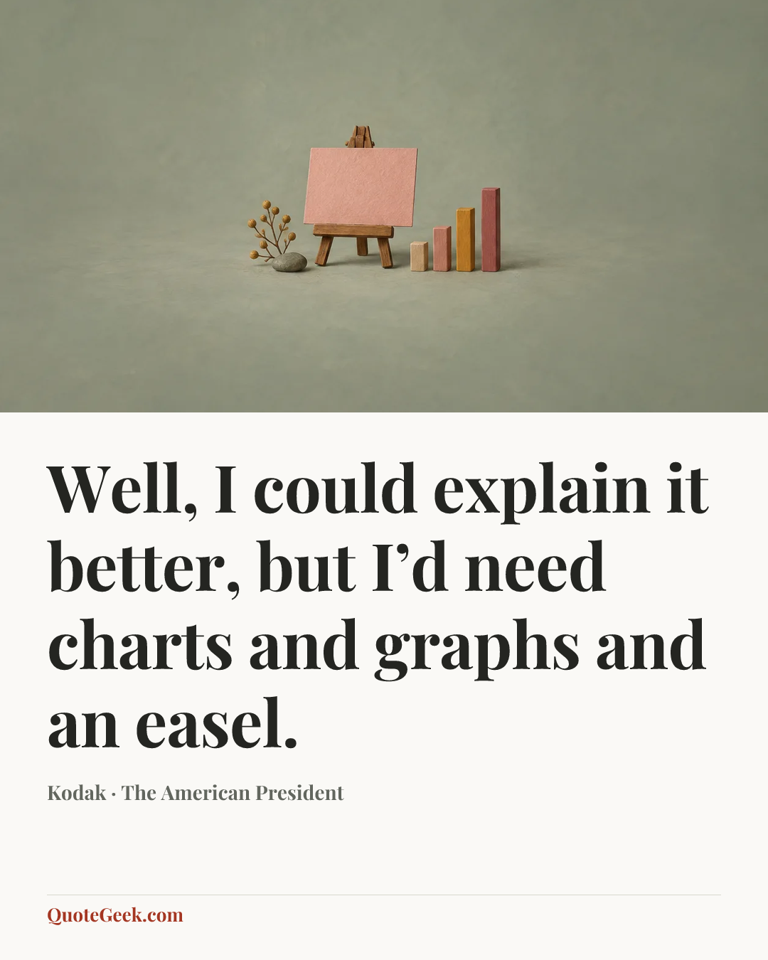 “Well, I could explain it better, but I’d need charts and graphs and an easel.” — Kodak · The American President. Illustrated QuoteGeek card.