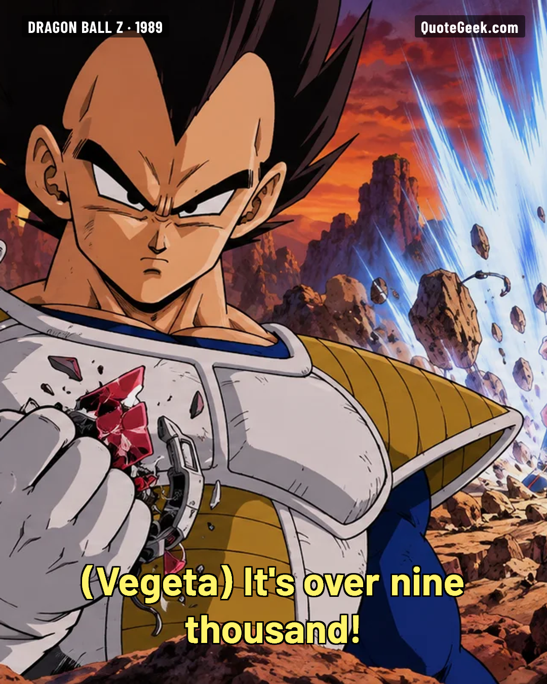 “It's over nine thousand!” — Vegeta · Dragon Ball Z. Illustrated QuoteGeek card.