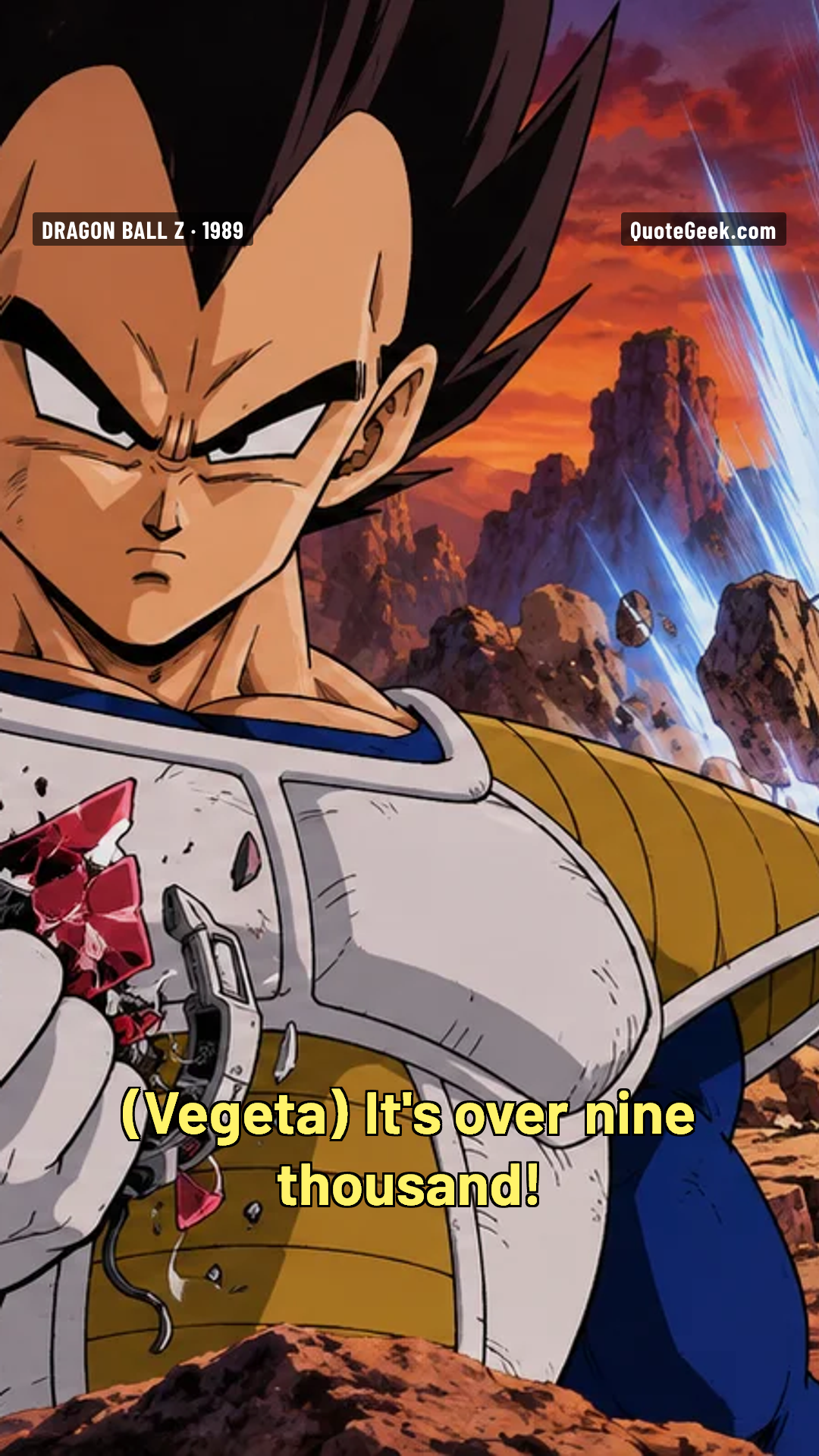 “It's over nine thousand!” — Vegeta · Dragon Ball Z. Illustrated QuoteGeek card.