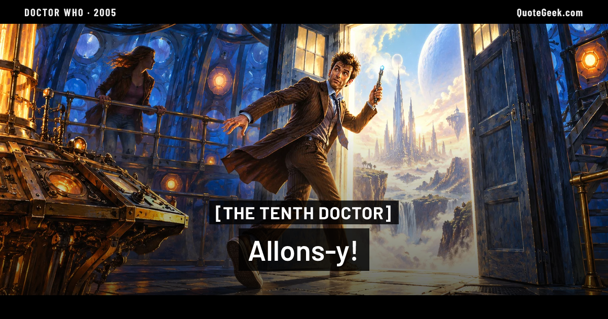 “Allons-y!” — The Tenth Doctor · Doctor Who. Illustrated QuoteGeek card.