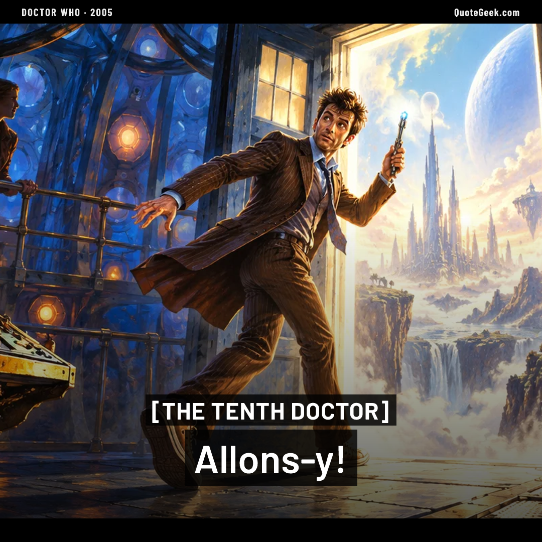 “Allons-y!” — The Tenth Doctor · Doctor Who. Illustrated QuoteGeek card.