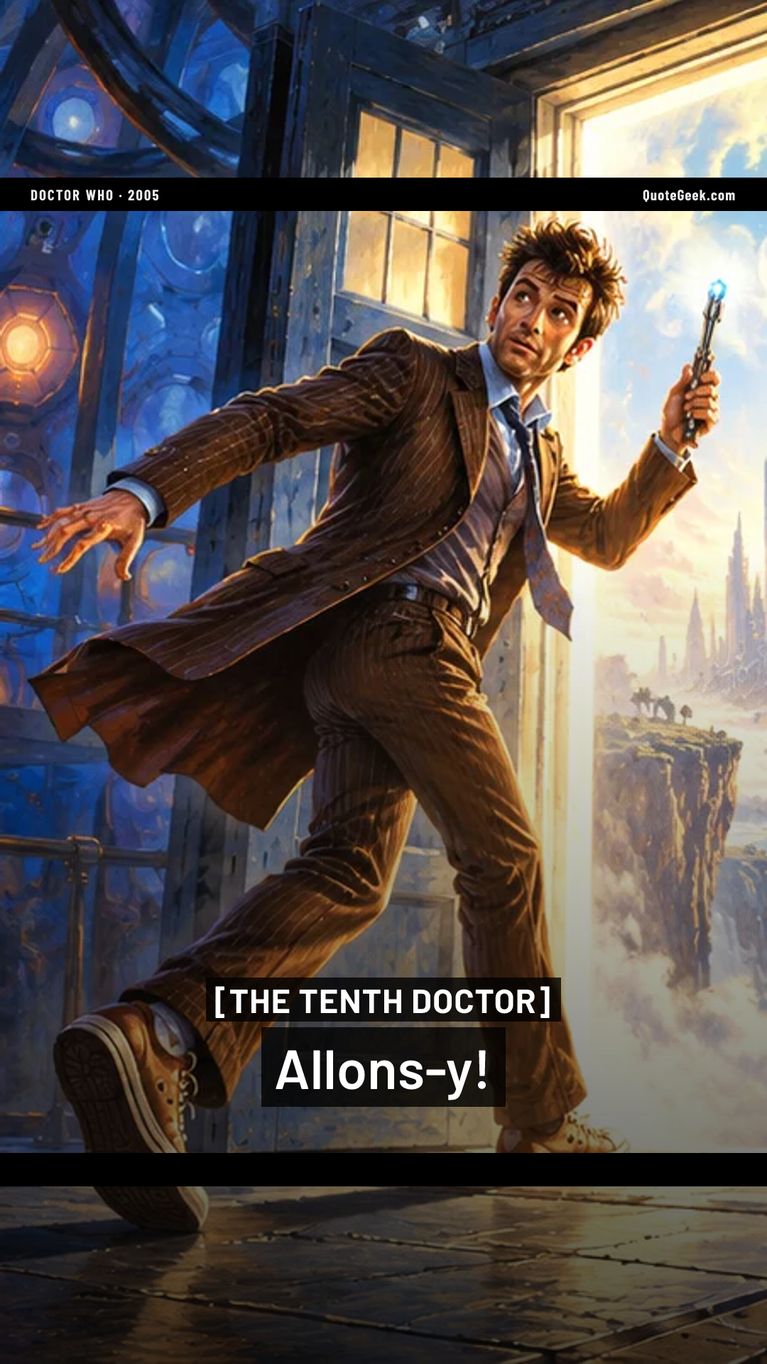 “Allons-y!” — The Tenth Doctor · Doctor Who. Illustrated QuoteGeek card.