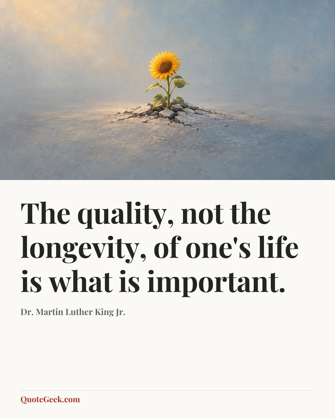 “The quality, not the longevity, of one's life is what is important.” — Dr. Martin Luther King Jr.. Illustrated QuoteGeek card.