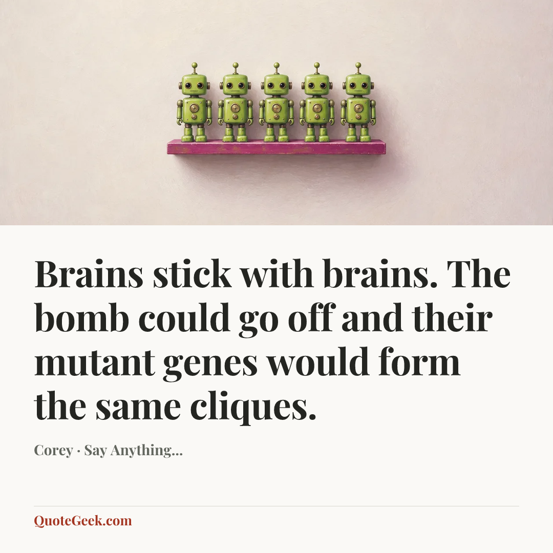 “Brains stick with brains. The bomb could go off and their mutant genes would form the same cliques.” — Corey · Say Anything.... Illustrated QuoteGeek card.