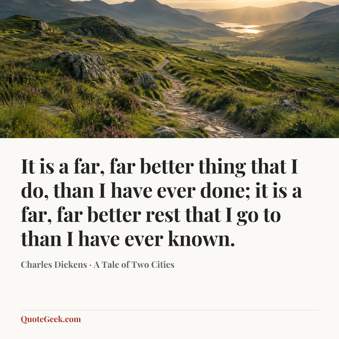 “It is a far, far better thing that I do, than I have ever done; it is a far, far better rest that I go to than I have ever known.” — Charles Dickens · A Tale of Two Cities. Illustrated QuoteGeek card.
