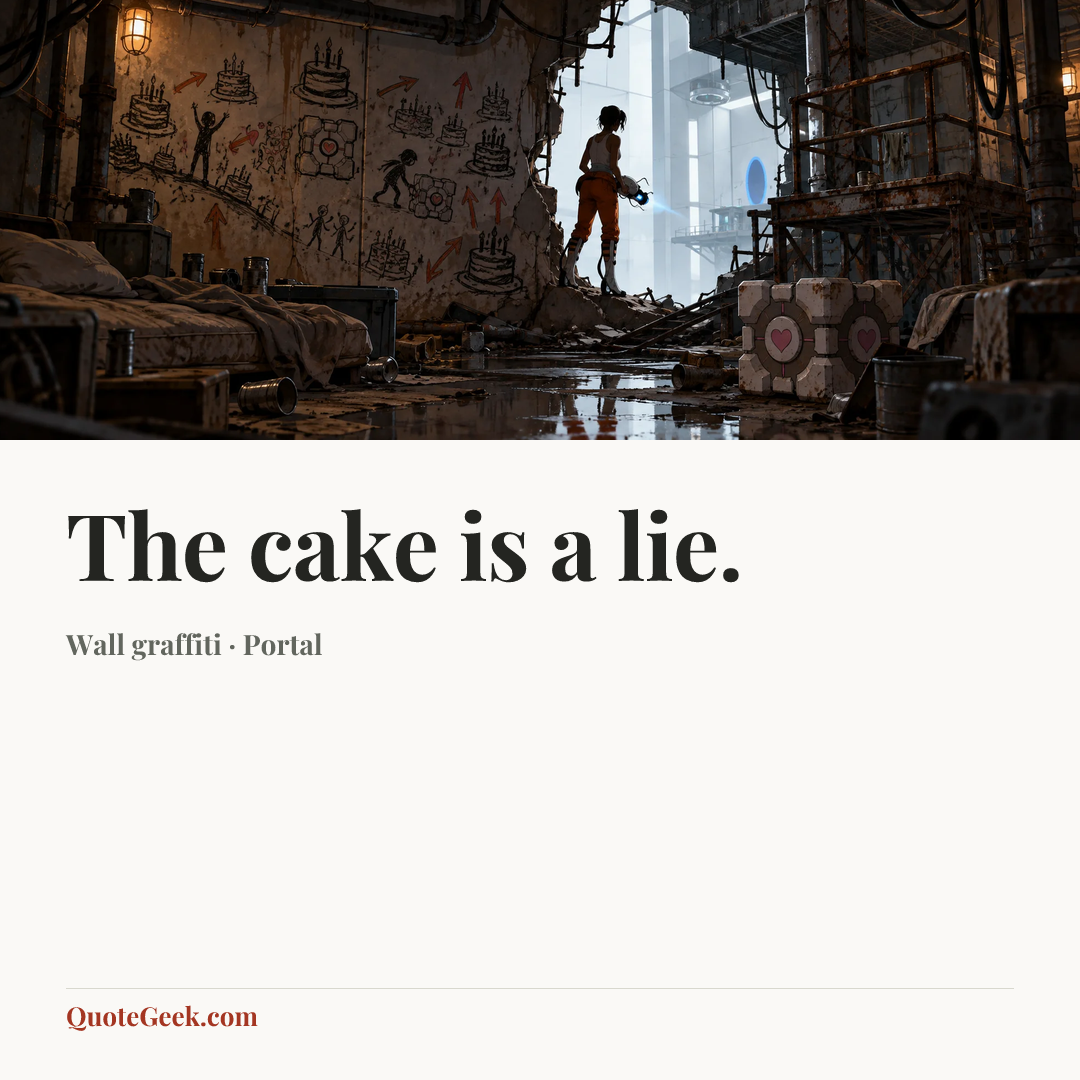 “The cake is a lie.” — Wall graffiti · Portal. Illustrated QuoteGeek card.