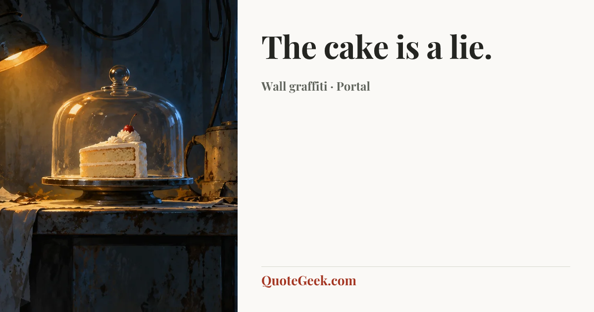 “The cake is a lie.” — Wall graffiti · Portal. Illustrated QuoteGeek card.