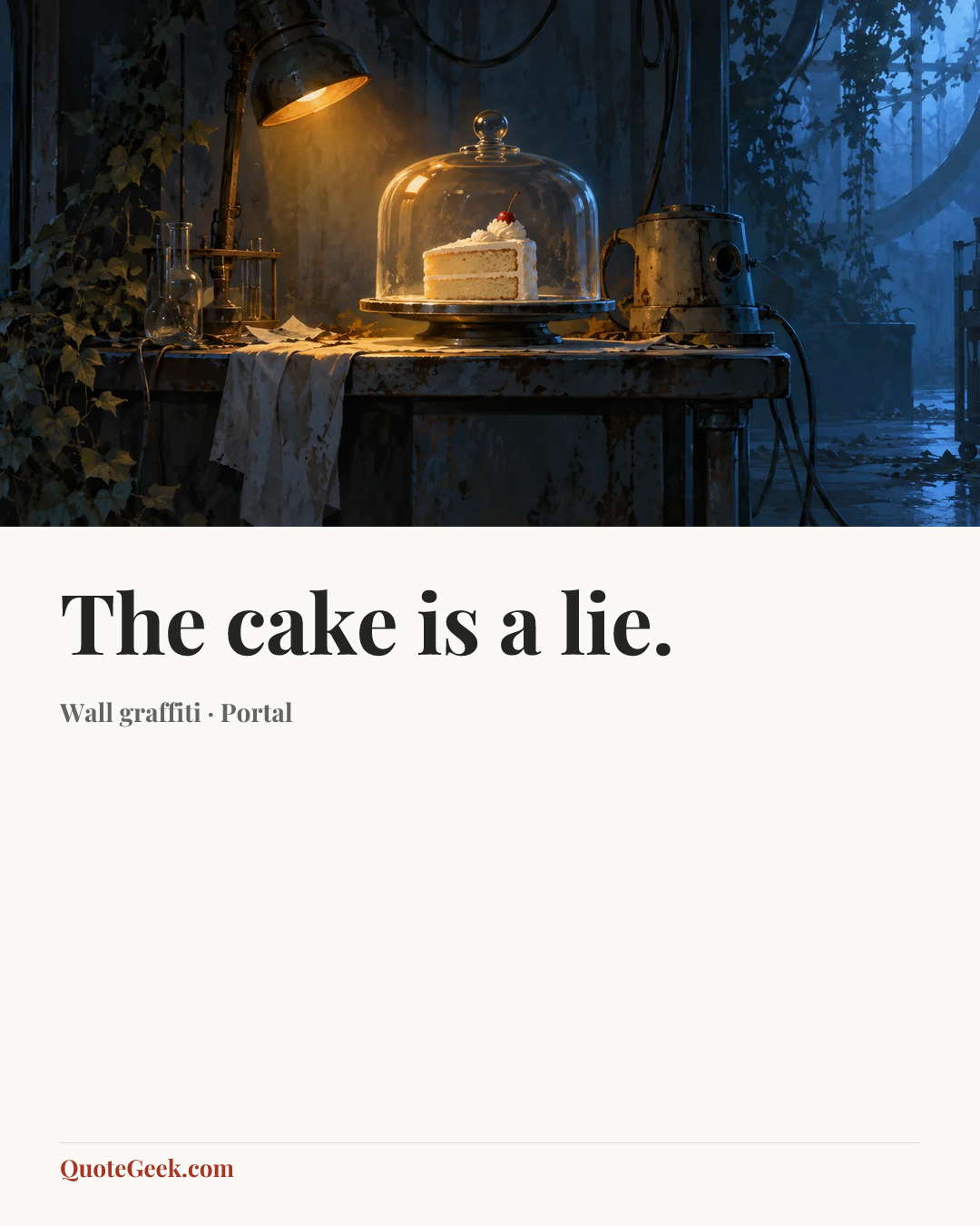 “The cake is a lie.” — Wall graffiti · Portal. Illustrated QuoteGeek card.