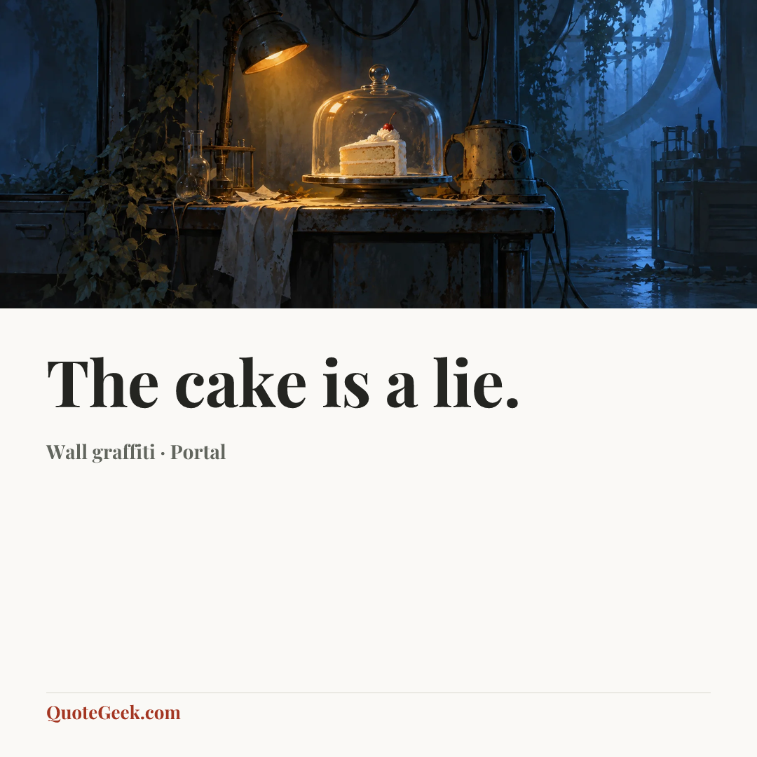 “The cake is a lie.” — Wall graffiti · Portal. Illustrated QuoteGeek card.