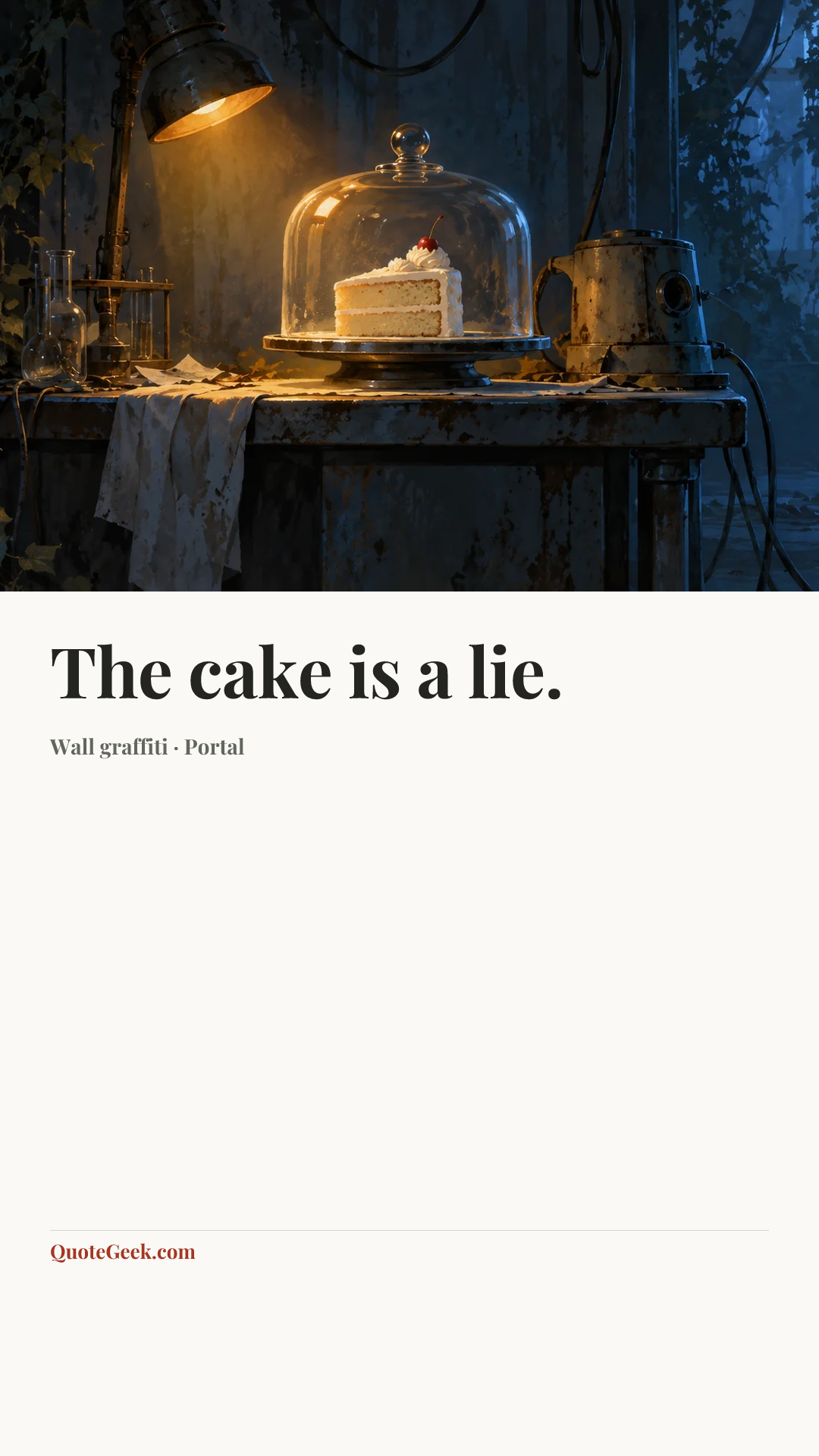 “The cake is a lie.” — Wall graffiti · Portal. Illustrated QuoteGeek card.