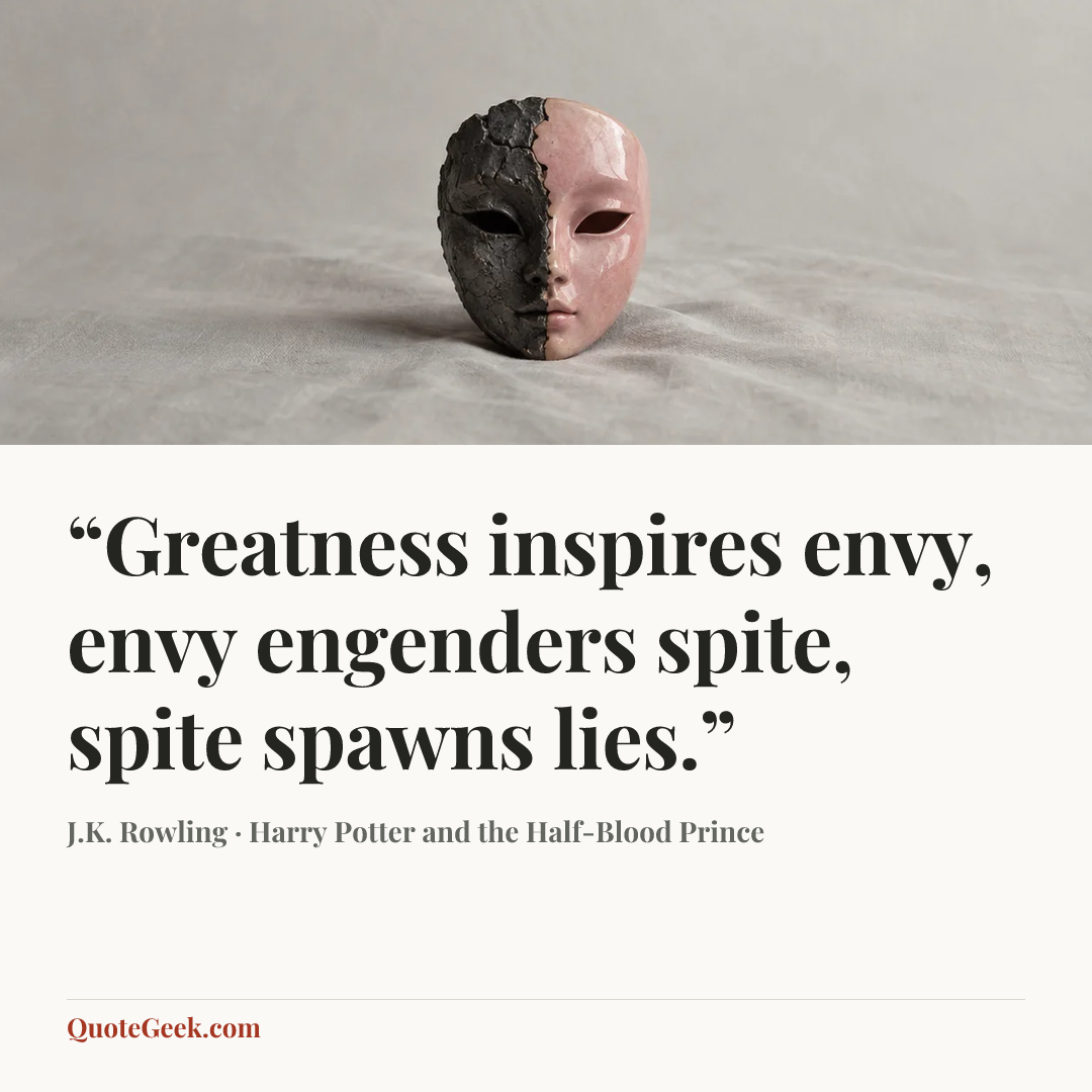 ““Greatness inspires envy, envy engenders spite, spite spawns lies.”” — J.K. Rowling · Harry Potter and the Half-Blood Prince. Illustrated QuoteGeek card.