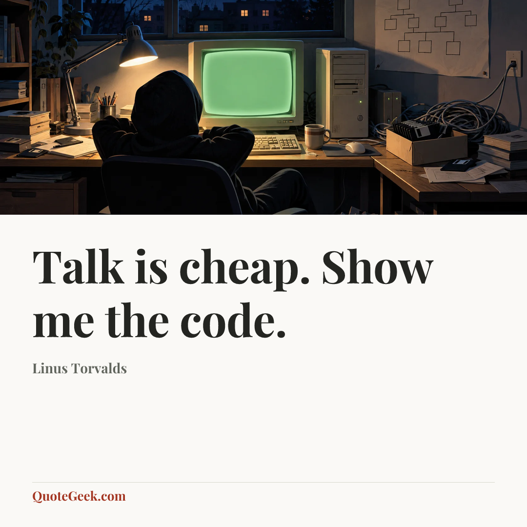 “Talk is cheap. Show me the code.” — Linus Torvalds. Illustrated QuoteGeek card.