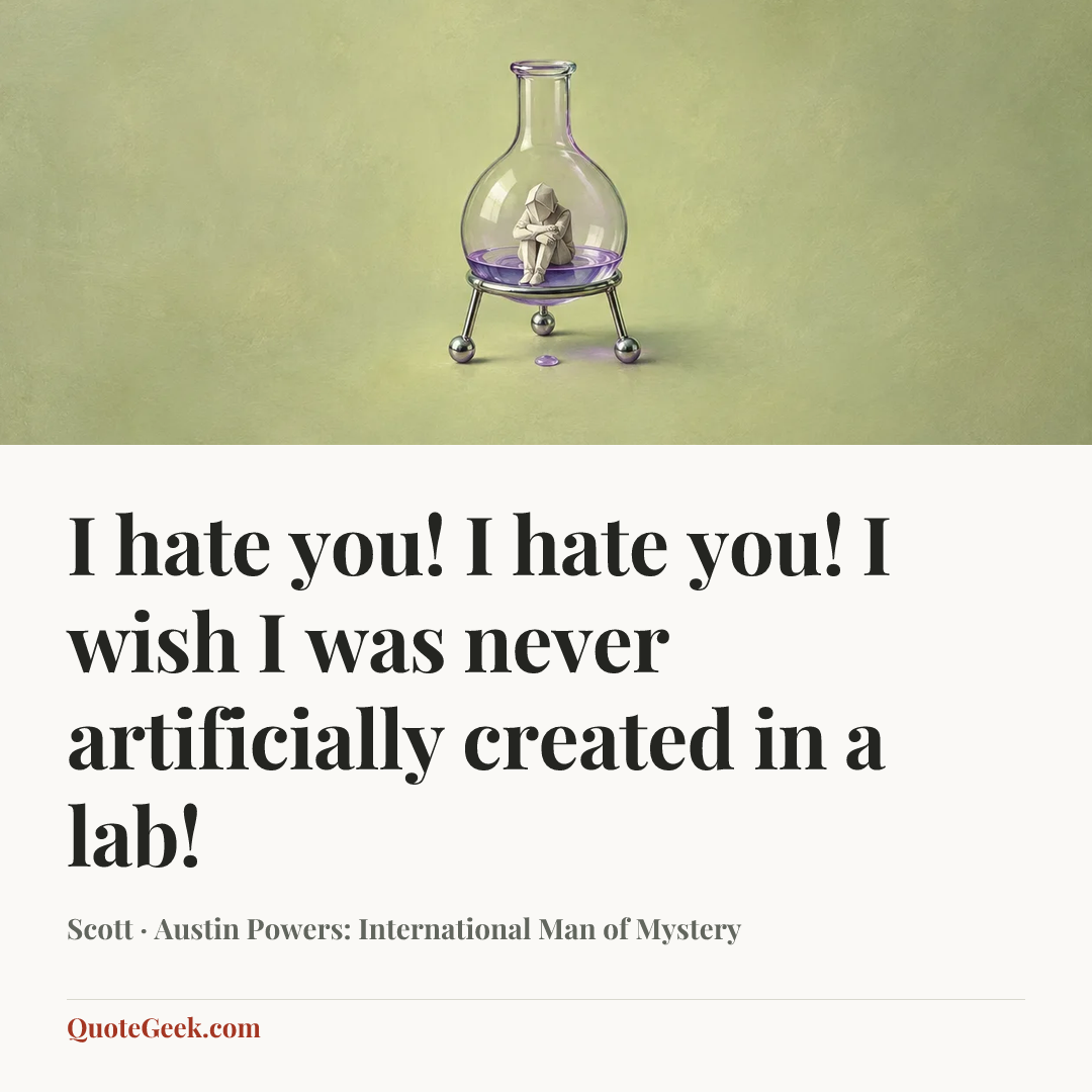 “I hate you! I hate you! I wish I was never artificially created in a lab!” — Scott · Austin Powers: International Man of Mystery. Illustrated QuoteGeek card.