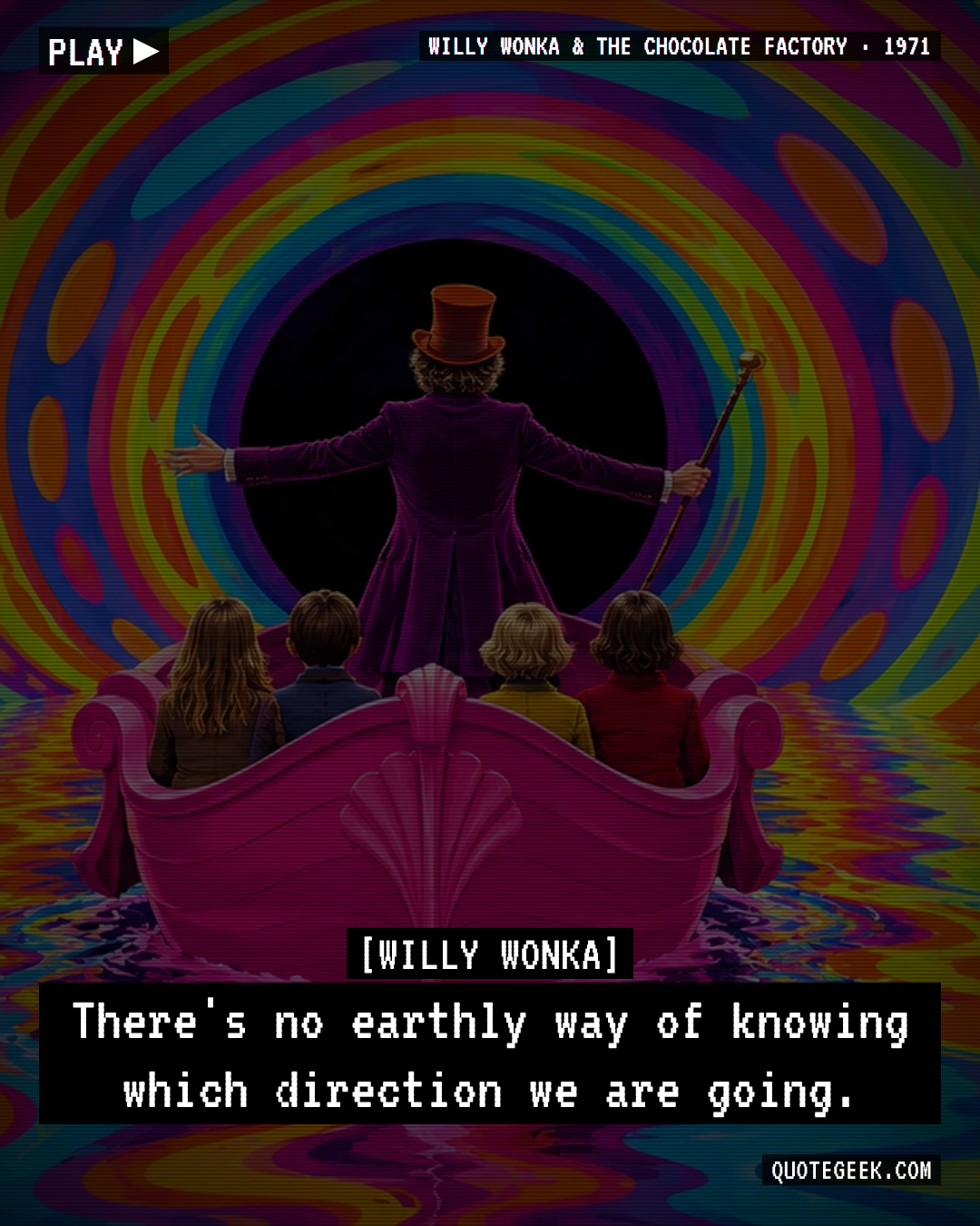 “There's no earthly way of knowing which direction we are going.” — Willy Wonka · Willy Wonka & the Chocolate Factory. Illustrated QuoteGeek card.