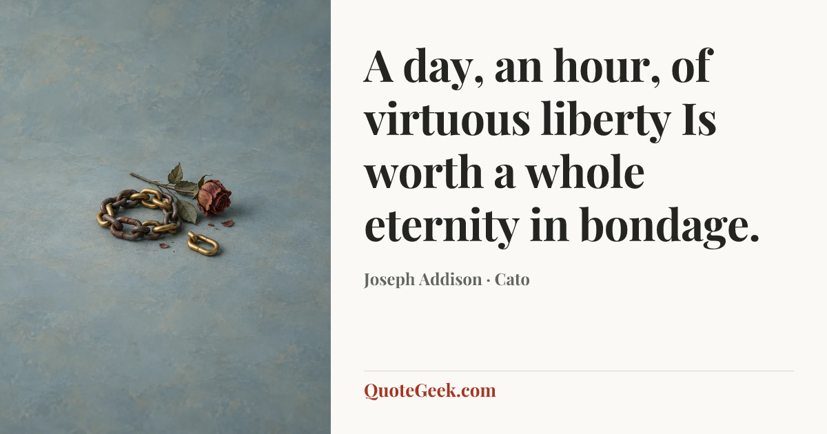 “A day, an hour, of virtuous liberty
Is worth a whole eternity in bondage.” — Joseph Addison · Cato. Illustrated QuoteGeek card.