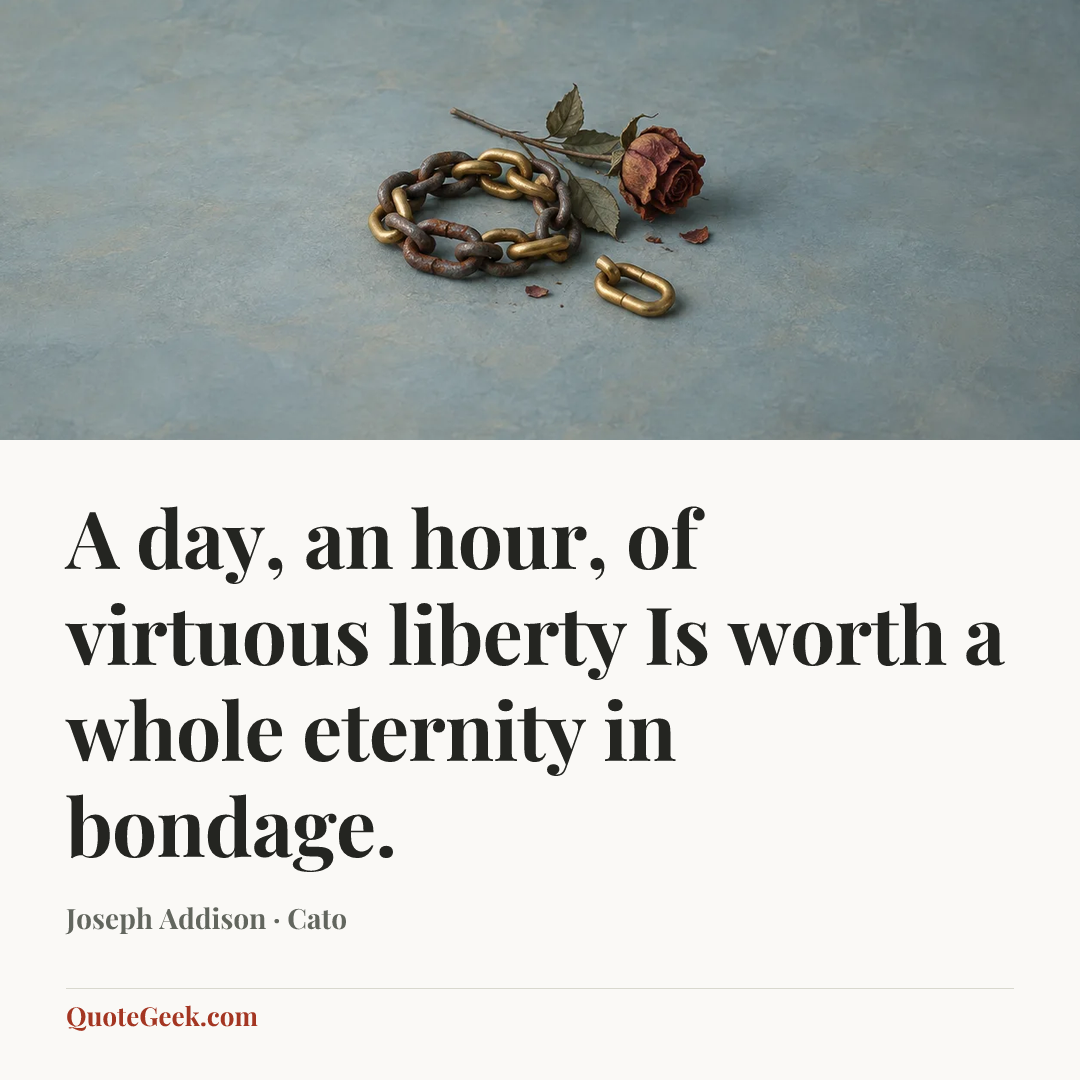 “A day, an hour, of virtuous liberty
Is worth a whole eternity in bondage.” — Joseph Addison · Cato. Illustrated QuoteGeek card.