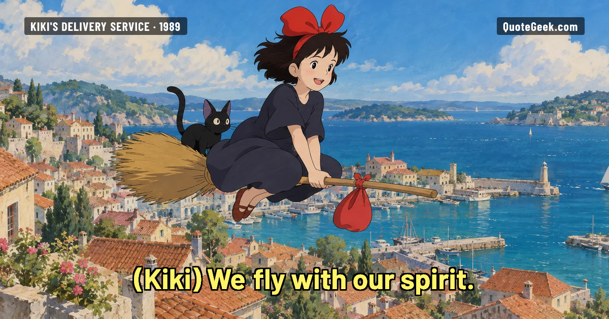 “We fly with our spirit.” — Kiki · Kiki's Delivery Service. Illustrated QuoteGeek card.