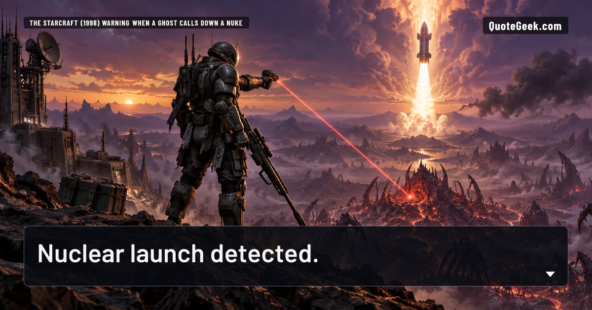 “Nuclear launch detected.” — The StarCraft (1998) warning when a Ghost calls down a nuke · StarCraft. Illustrated QuoteGeek card.