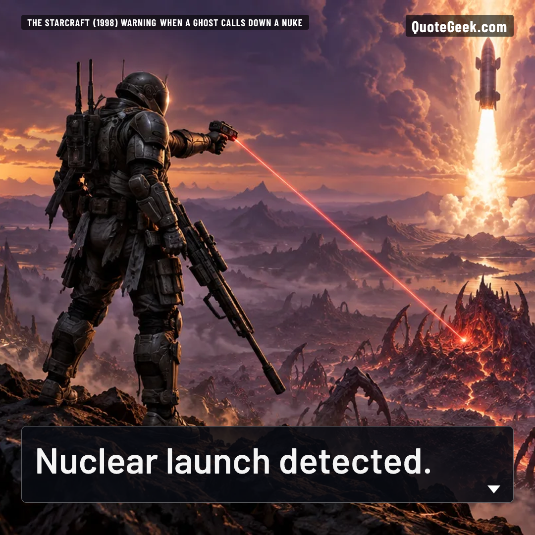 “Nuclear launch detected.” — The StarCraft (1998) warning when a Ghost calls down a nuke · StarCraft. Illustrated QuoteGeek card.